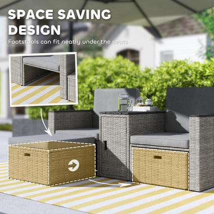 5 Piece Rattan Garden Furniture Conversation Set with Footstools and Storage Coffee Table - Grey