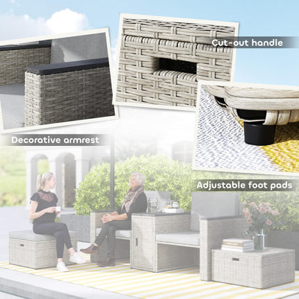 5 Piece Rattan Garden Furniture Conversation Set with Footstools and Storage Coffee Table - Grey