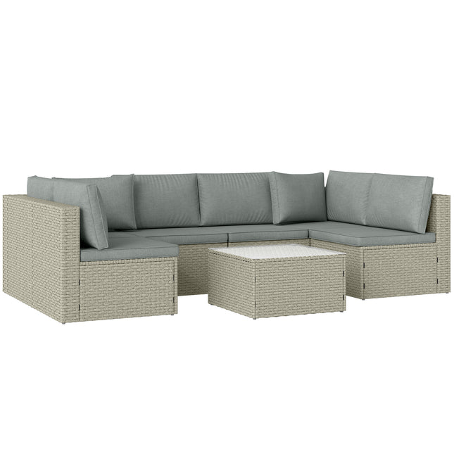 7 Piece Rattan Garden Furniture Set with Cushions and Glass Table - Light Brown
