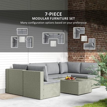 7 Piece Rattan Garden Furniture Set with Cushions and Glass Table - Light Brown