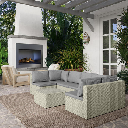 7 Piece Rattan Garden Furniture Set with Cushions and Glass Table - Light Brown