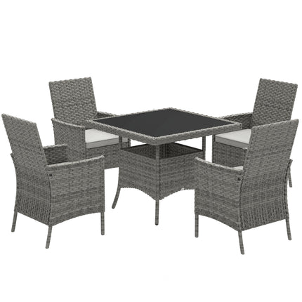 Rattan 4-Seater Outdoor Garden Dining Set with Cushions and Tempered Glass Table - Grey