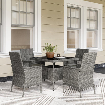 Rattan 4-Seater Outdoor Garden Dining Set with Cushions and Tempered Glass Table - Grey