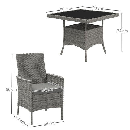 Rattan 4-Seater Outdoor Garden Dining Set with Cushions and Tempered Glass Table - Grey