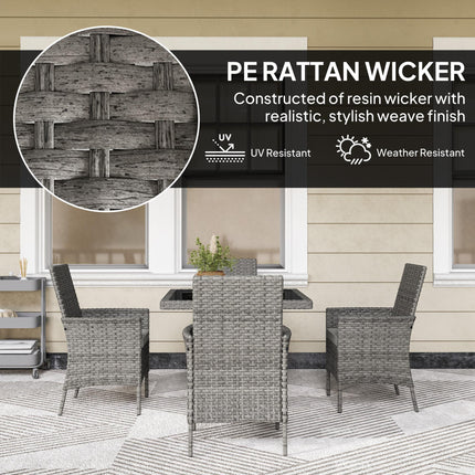Rattan 4-Seater Outdoor Garden Dining Set with Cushions and Tempered Glass Table - Grey
