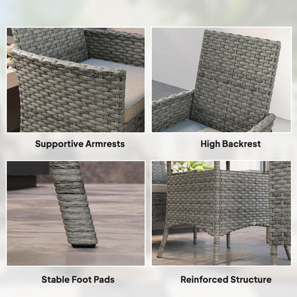 Rattan 4-Seater Outdoor Garden Dining Set with Cushions and Tempered Glass Table - Grey