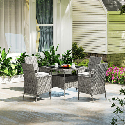 Rattan 4-Seater Outdoor Garden Dining Set with Cushions and Tempered Glass Table - Grey