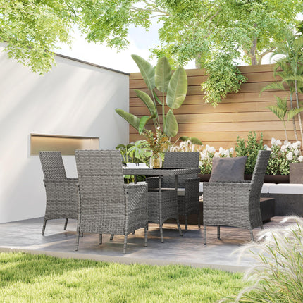 Rattan 4-Seater Outdoor Garden Dining Set with Cushions and Tempered Glass Table - Grey