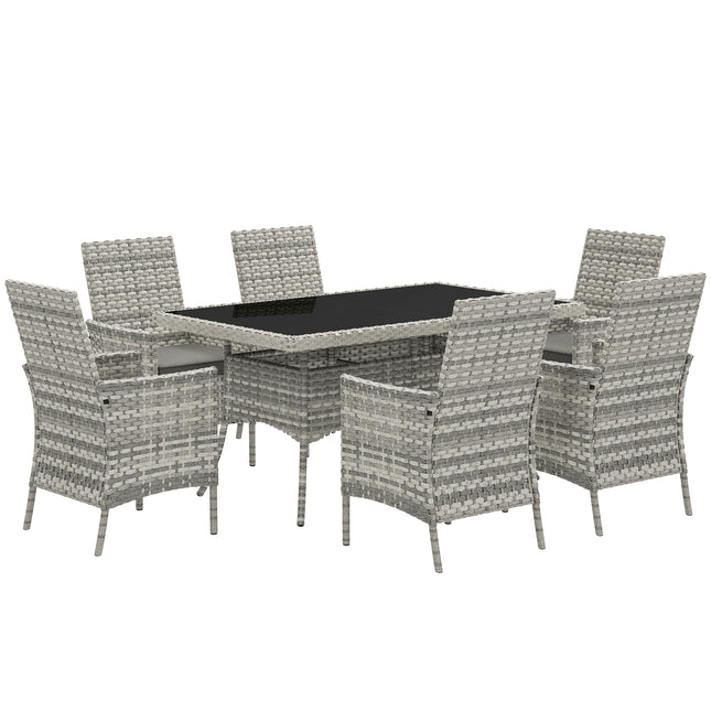 Seven-Piece Rattan Dining Set with Cushions and Tempered Glass Tabletop - Mixed Grey