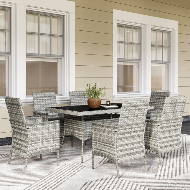 Seven-Piece Rattan Dining Set with Cushions and Tempered Glass Tabletop - Mixed Grey