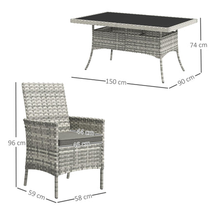 Seven-Piece Rattan Dining Set with Cushions and Tempered Glass Tabletop - Mixed Grey