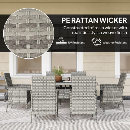 Seven-Piece Rattan Dining Set with Cushions and Tempered Glass Tabletop - Mixed Grey