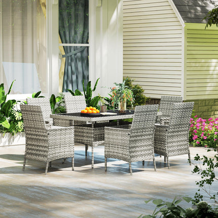 Seven-Piece Rattan Dining Set with Cushions and Tempered Glass Tabletop - Mixed Grey