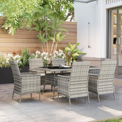 Seven-Piece Rattan Dining Set with Cushions and Tempered Glass Tabletop - Mixed Grey