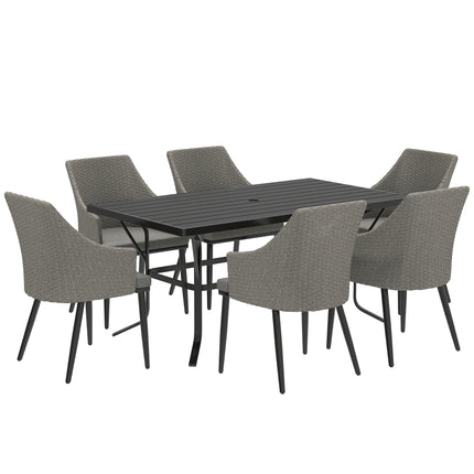 6 Seater Rattan Dining Set with Cushions, Garden Furniture Set with Armchairs, R