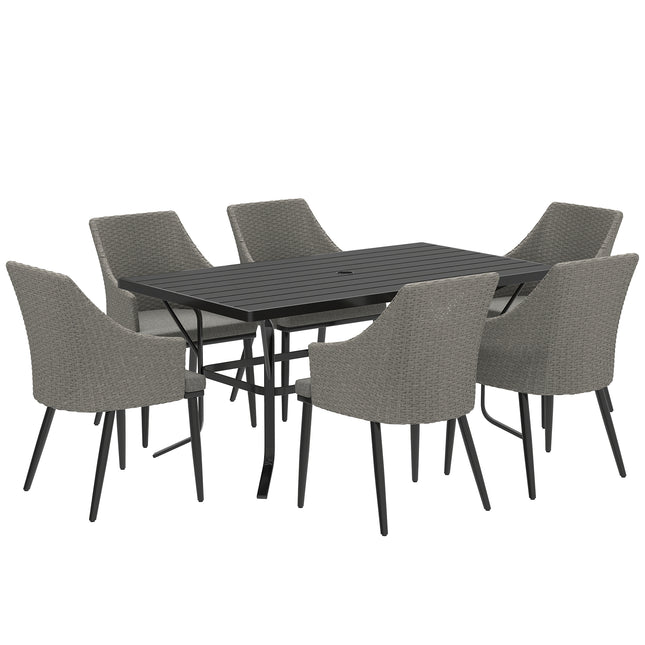 6 Seater Rattan Dining Set with Cushions, Garden Furniture Set with Armchairs, R