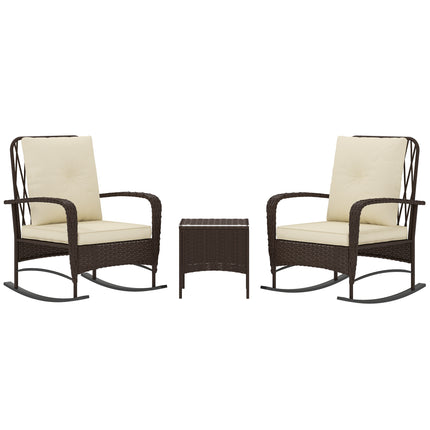3 Piece Rattan Rocking Chair Bistro Set with Glass Table - Brown