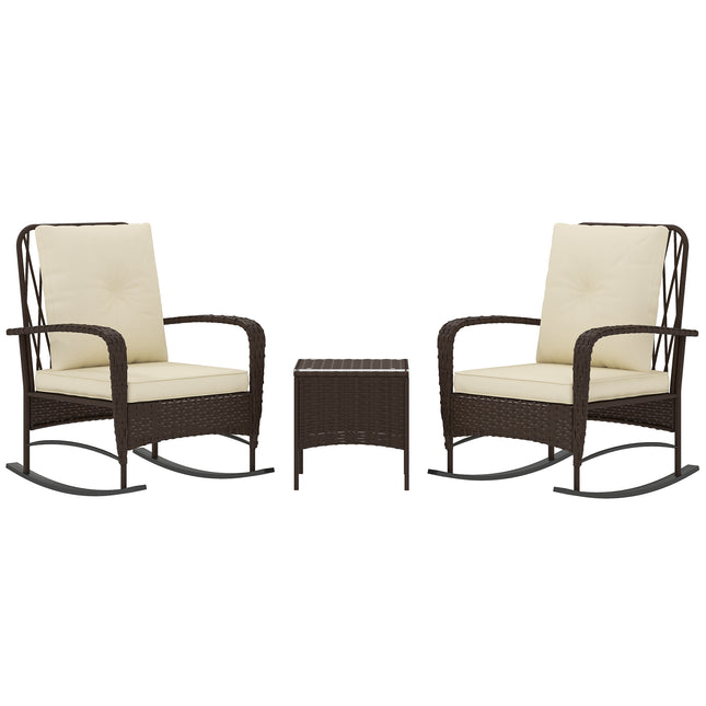 3 Piece Rattan Rocking Chair Bistro Set with Glass Table - Brown