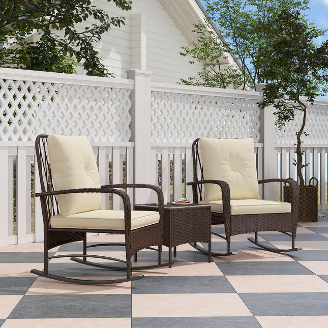 3 Piece Rattan Rocking Chair Bistro Set with Glass Table - Brown
