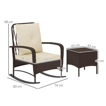 3 Piece Rattan Rocking Chair Bistro Set with Glass Table - Brown