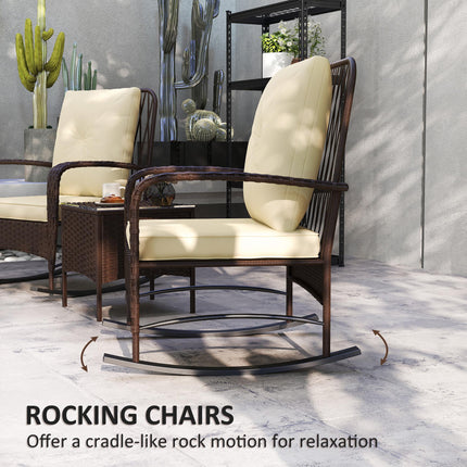 3 Piece Rattan Rocking Chair Bistro Set with Glass Table - Brown
