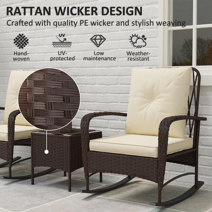 3 Piece Rattan Rocking Chair Bistro Set with Glass Table - Brown