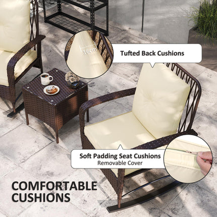 3 Piece Rattan Rocking Chair Bistro Set with Glass Table - Brown