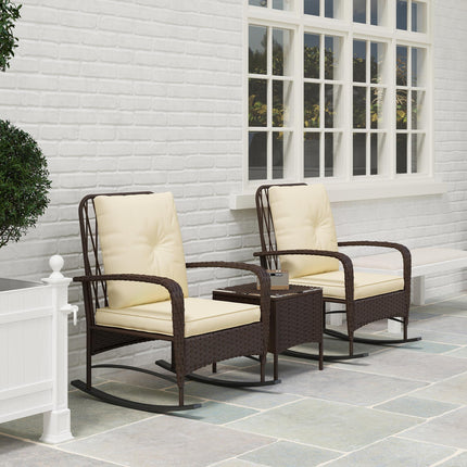 3 Piece Rattan Rocking Chair Bistro Set with Glass Table - Brown