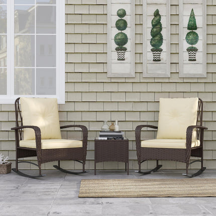 3 Piece Rattan Rocking Chair Bistro Set with Glass Table - Brown