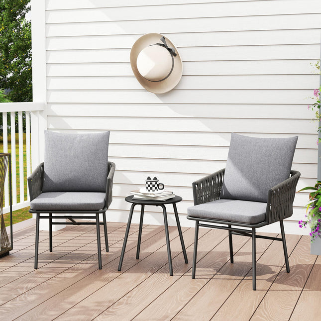 3-Piece Rattan Bistro Set, Garden Table and Chairs with 4 Cushions, Patio Rattan Conversation Furniture Set for Balcony, Porch, Terrace, Grey