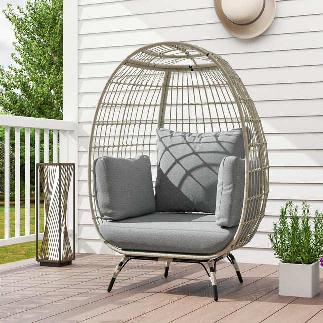 Rattan Egg Chair with Cushions and Pillows for Indoor and Outdoor Use - Charcoal Grey