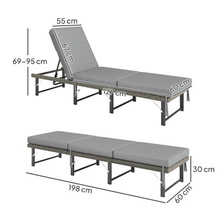 Single Folding Rattan Sun Lounger with Cushion - Grey