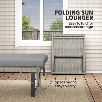 Single Folding Rattan Sun Lounger with Cushion - Grey