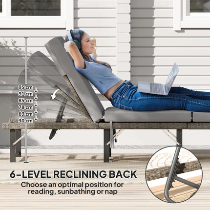 Single Folding Rattan Sun Lounger with Cushion - Grey