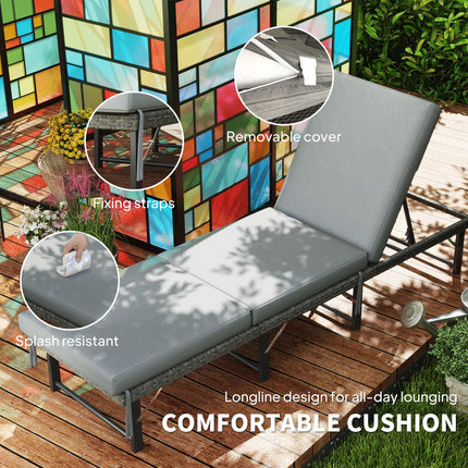 Single Folding Rattan Sun Lounger with Cushion - Grey