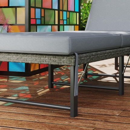 Single Folding Rattan Sun Lounger with Cushion - Grey