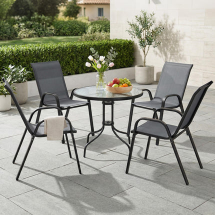 Five-Piece Steel Patio Set with Glass-Top Table - Dark Grey