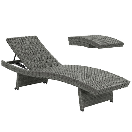 Folding Outdoor PE Rattan Sun Lounger with 4-Level Adjustable Backrest and Wheels - Mixed Grey