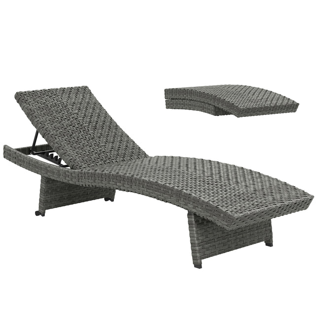 Folding Outdoor PE Rattan Sun Lounger with 4-Level Adjustable Backrest and Wheels - Mixed Grey