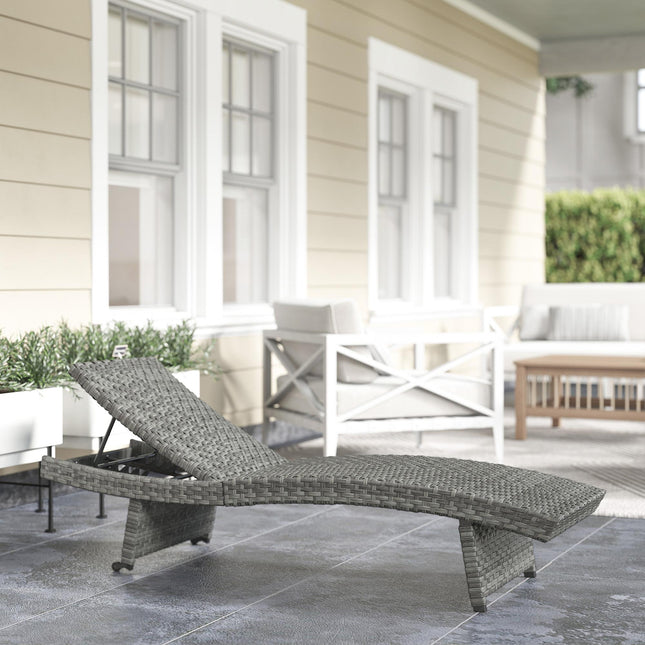 Folding Outdoor PE Rattan Sun Lounger with 4-Level Adjustable Backrest and Wheels - Mixed Grey