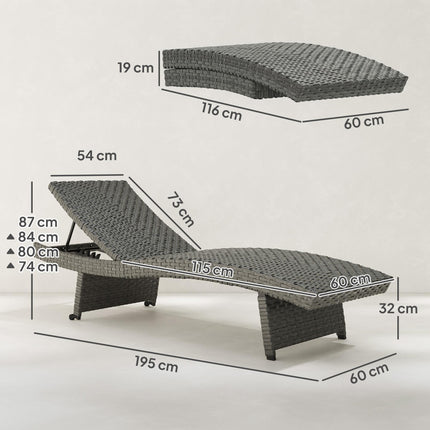 Folding Outdoor PE Rattan Sun Lounger with 4-Level Adjustable Backrest and Wheels - Mixed Grey