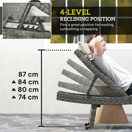 Folding Outdoor PE Rattan Sun Lounger with 4-Level Adjustable Backrest and Wheels - Mixed Grey