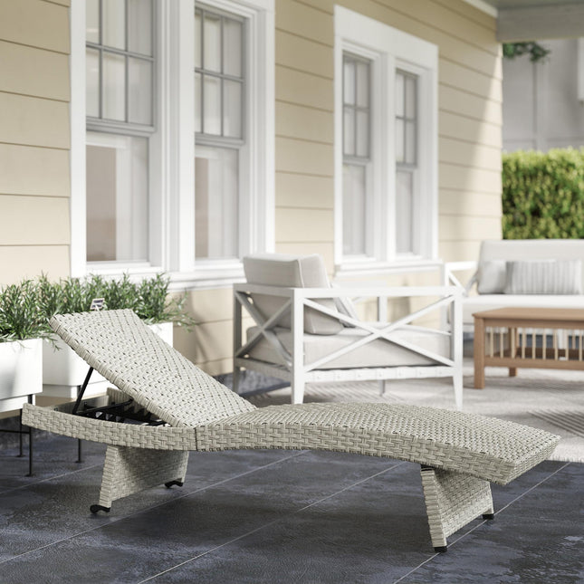 Outdoor PE Rattan Sun Lounger with Adjustable Backrest and Wheels - Grey