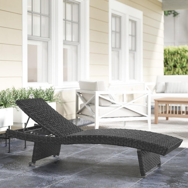 Outdoor PE Rattan Sun Lounger with Wheels - Black