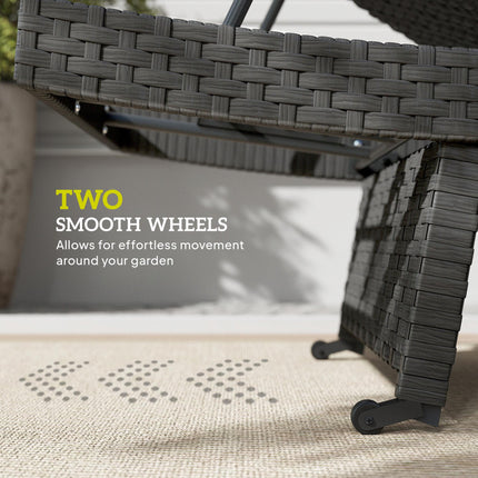 Outdoor PE Rattan Sun Lounger with Wheels - Black