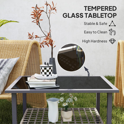 Outdoor Rattan Coffee Table with Tempered Glass Top, Storage Shelf, Foot Pads, F