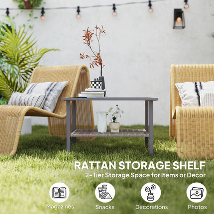 Outdoor Rattan Coffee Table with Tempered Glass Top, Storage Shelf, Foot Pads, F
