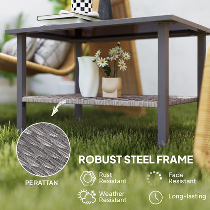 Outdoor Rattan Coffee Table with Tempered Glass Top, Storage Shelf, Foot Pads, F