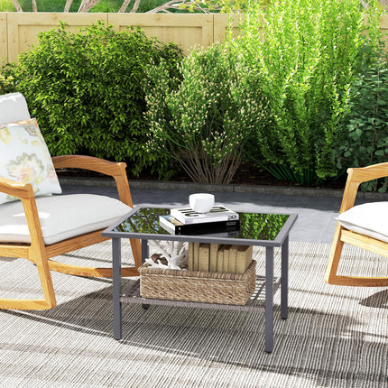 Outdoor Rattan Coffee Table with Tempered Glass Top, Storage Shelf, Foot Pads, F