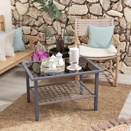 Outdoor Rattan Coffee Table with Tempered Glass Top, Storage Shelf, Foot Pads, F